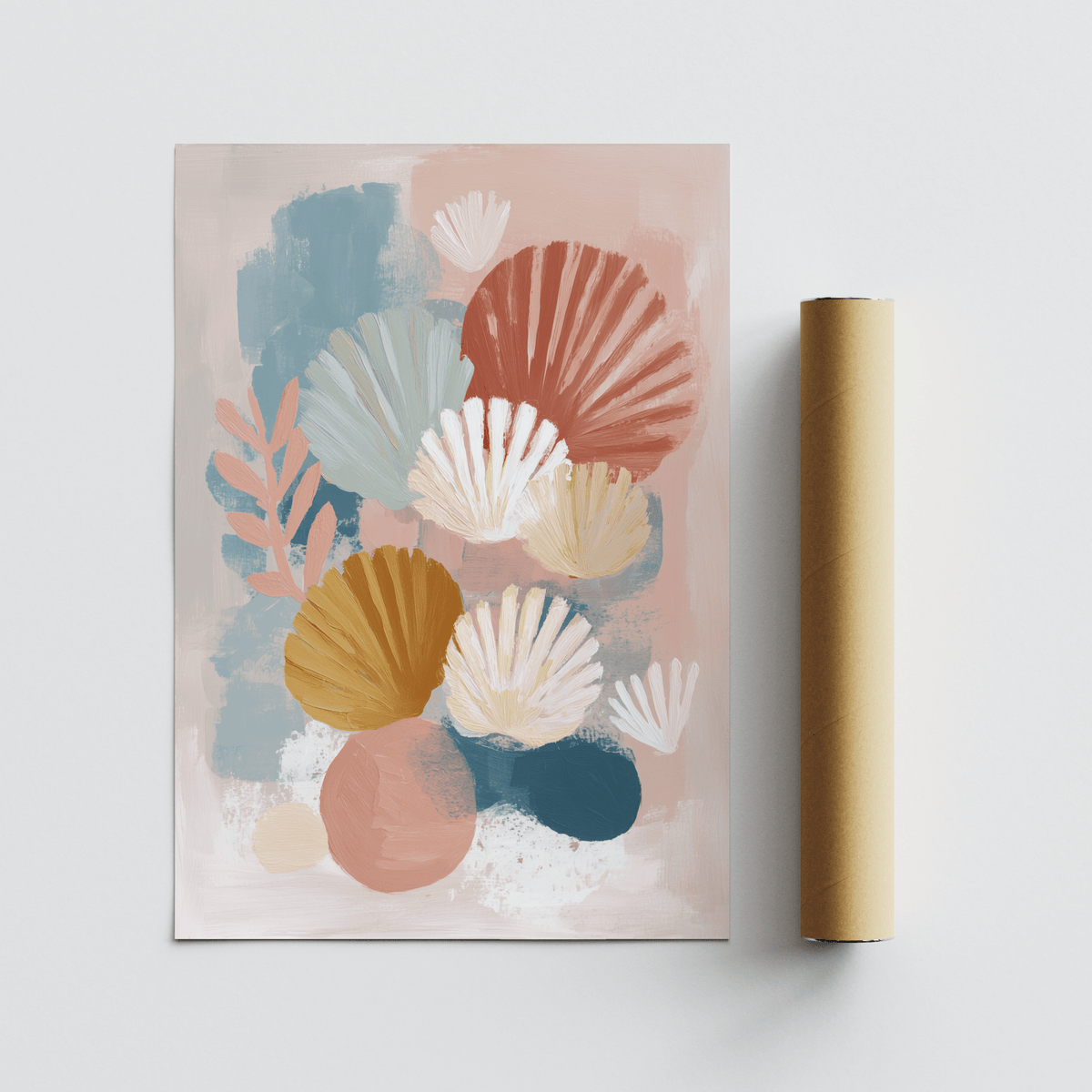 Abstract Botanical Print showing abstract botanical shapes in soft blue, terracotta and mustard tones with a packaging tube beside it
