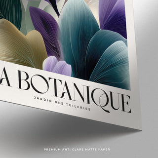 Close-up of Plant Poster showing violet flower petals with teal and cream leaves on matte paper