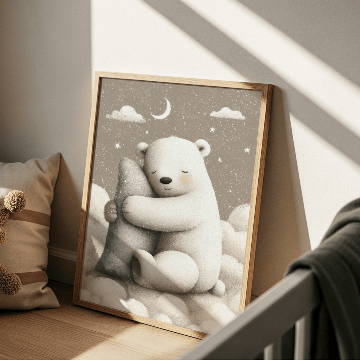 Print leaning on a floor with polar bear hugging a pillow illustration beside a soft toy pillow