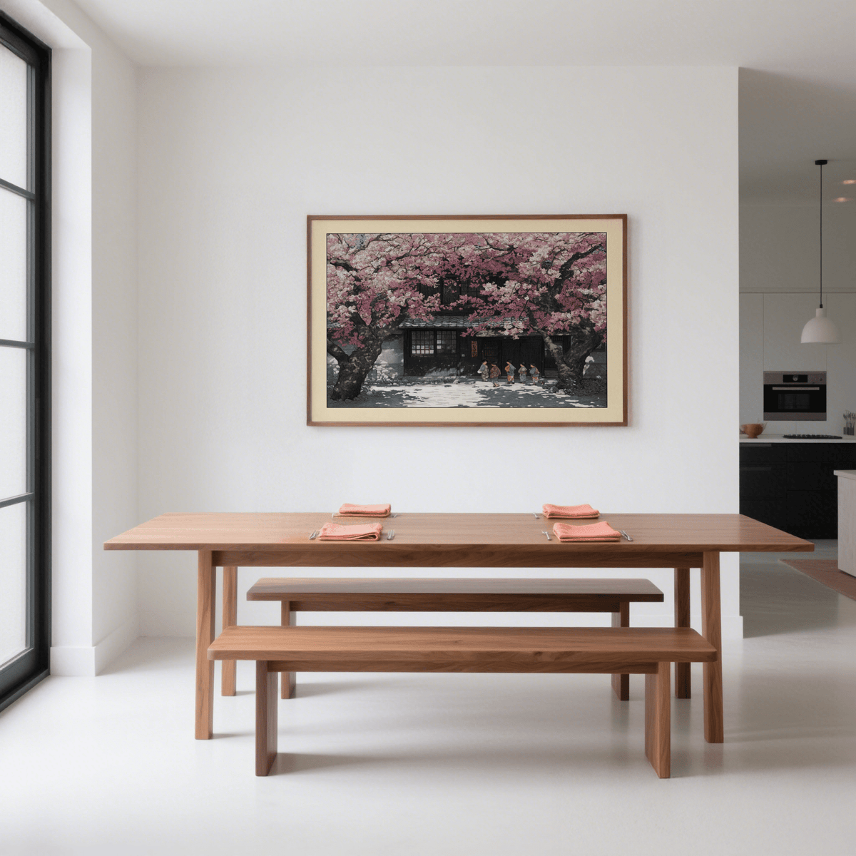 Hasui Kawase Cherry Blossoms wall art with pink flowers above a wooden dining table in a modern room