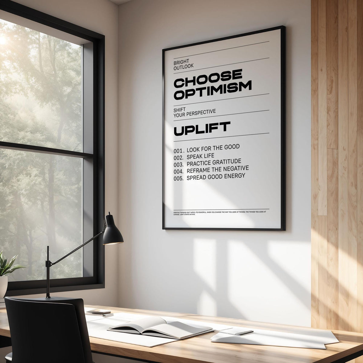 Uplifting wall art with bold black text in a minimalist style above a desk with a lamp and plant