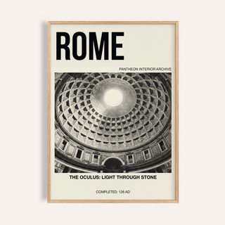 Framed Pantheon Interior Poster with black and white photographic dome and text on cream background