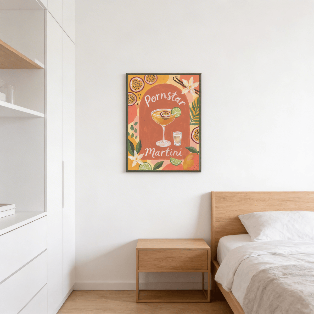 Close-up of passion fruit halves and citrus slices framing an illustrated cocktail poster