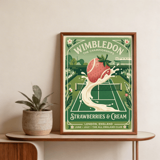Framed Grass Court Tennis Poster showing a strawberry tennis ball in cream splash with a potted plant nearby