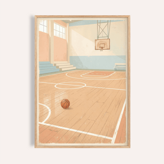 Framed close-up of Vintage Basketball Wall Art showing an empty court with a ball and pastel tones