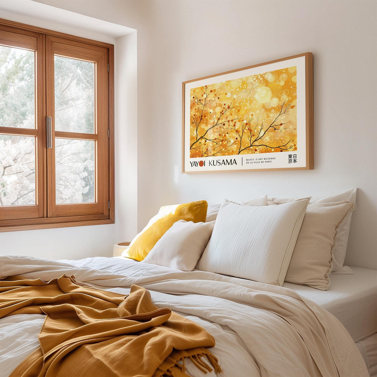 Landscape poster of branches with berries in warm yellow and orange tones above a white bed