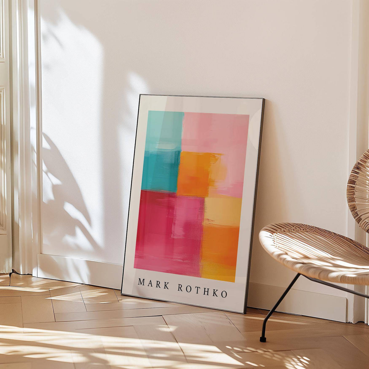 Print leaning on floor with abstract colour blocks in pink and orange beside a rattan chair