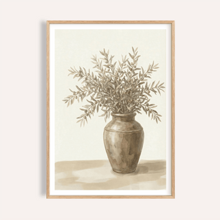 Print of a rustic brown vase with leafy branches in beige and brown tones