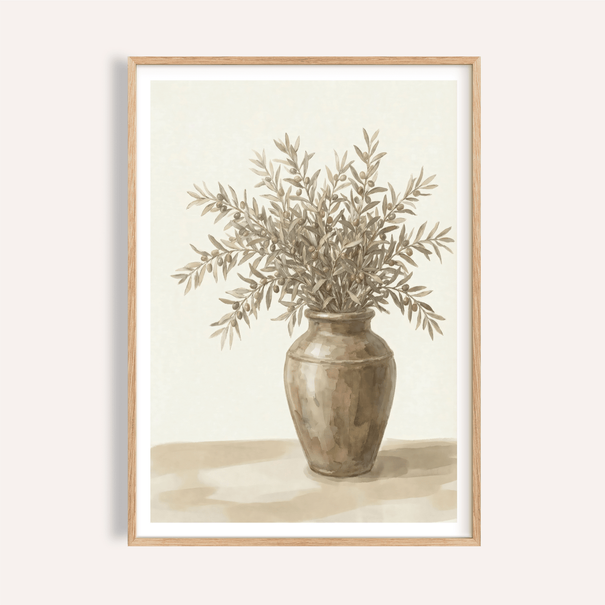 Print of a rustic brown vase with leafy branches in beige and brown tones