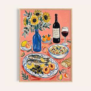 Framed Wine And Seafood Decor print showing grilled fish with lemons and peaches in bright colours