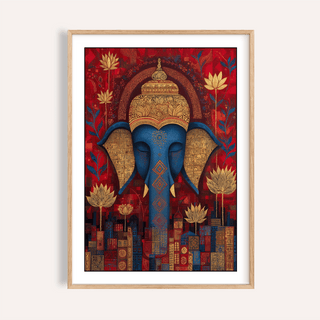 Framed vibrant Buddha wall art showing a blue elephant head with gold floral motifs on a red background