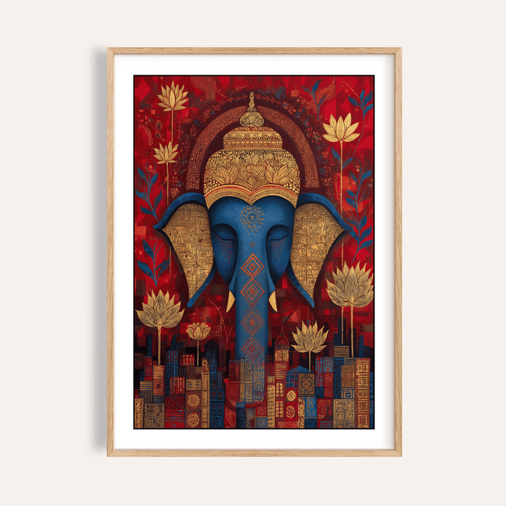 Framed vibrant Buddha wall art showing a blue elephant head with gold floral motifs on a red background