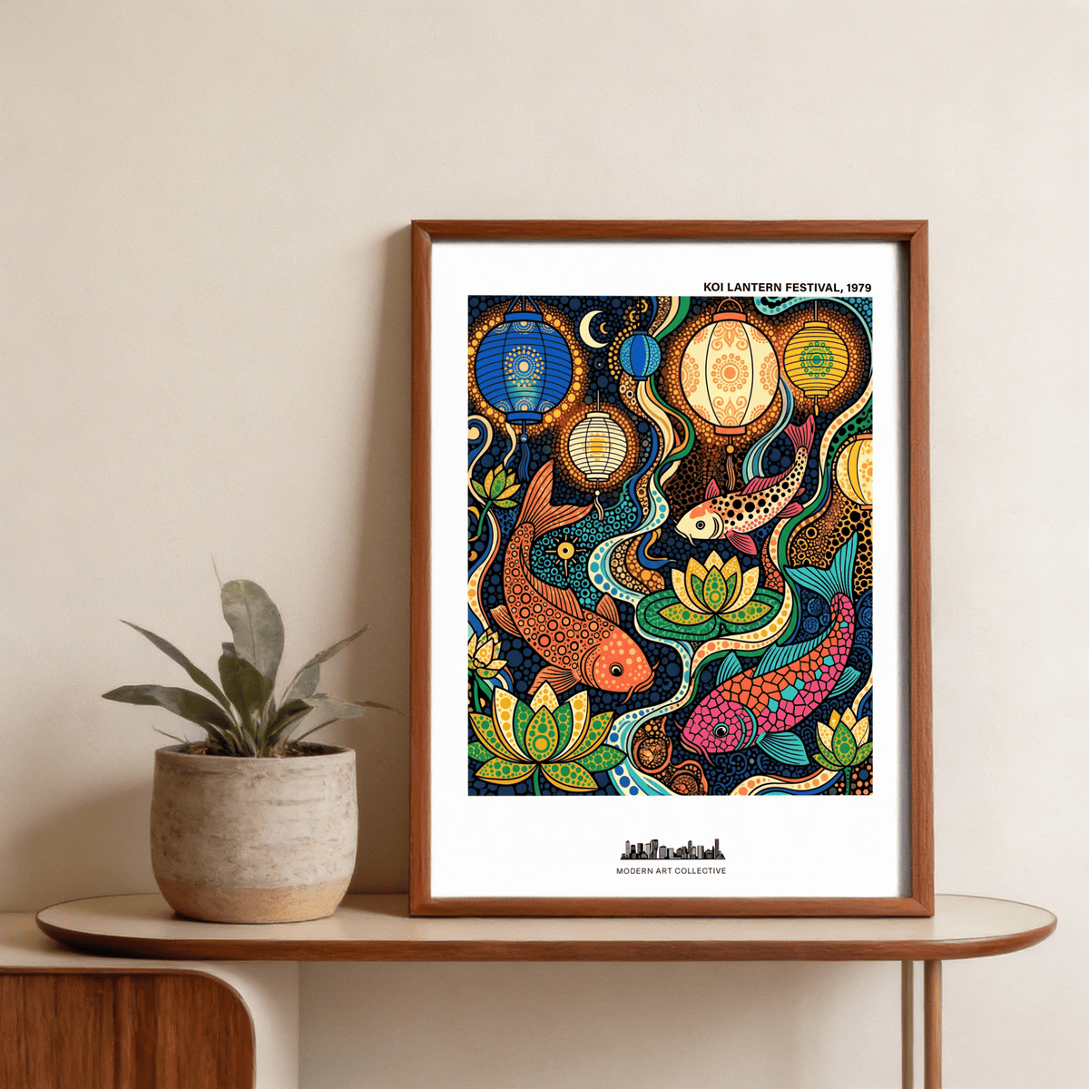 Framed Colorful Koi Fish Poster with colourful koi and lanterns in a brown frame on a wooden table with a potted plant