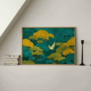 Framed print of colorful Japanese nature art showing a flying crane among green and yellow trees on a shelf with books