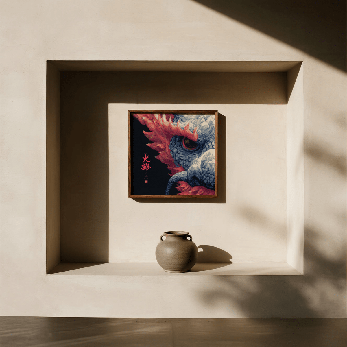 Framed Red Dragon Art print with a red and blue dragon head illustration above a ceramic vase