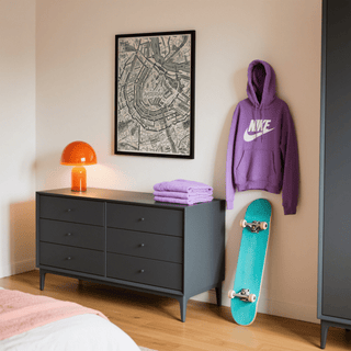 Amsterdam Map Art Print on wall above dark chest of drawers with a violet hoodie and turquoise skateboard nearby