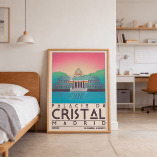 Palacio De Cristal print leaning on the floor with a wooden bed visible in the bedroom