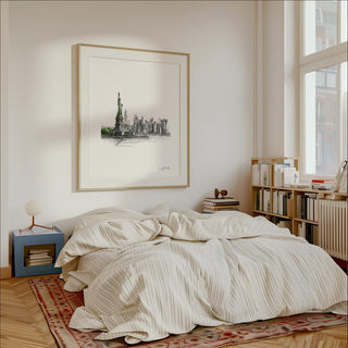 New York City Travel Poster print of Statue of Liberty and Manhattan skyline in green and grey above a bed