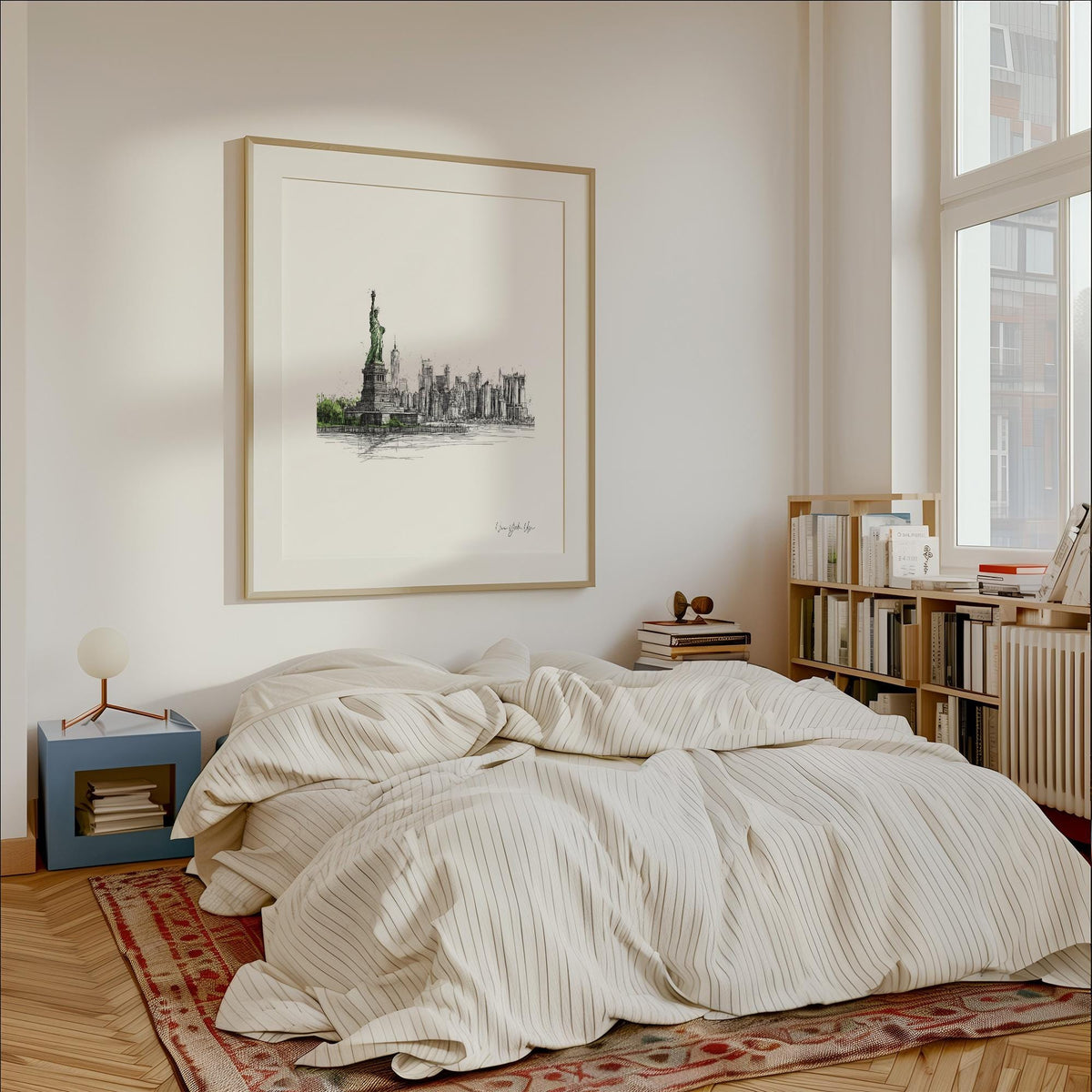 New York City Travel Poster print of Statue of Liberty and Manhattan skyline in green and grey above a bed