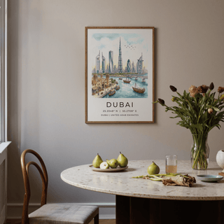 Dubai Skyline wall art of Dubai city skyline in watercolour hung above a dining table with pears and a vase