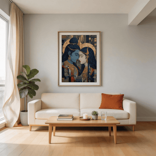Pic Of Shiva And Parvati wall art in blue gold and red tones above a cream sofa with an orange cushion