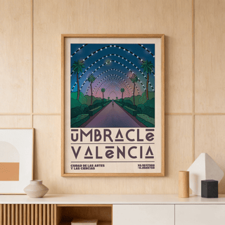 Poster Valencia wall art of Spanish pathway illustration with arches and string lights above a sideboard with vases