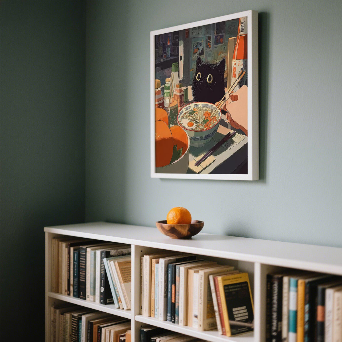 Ramen wall art of a black cat with ramen in muted colours above a white bookshelf with books and a wooden bowl