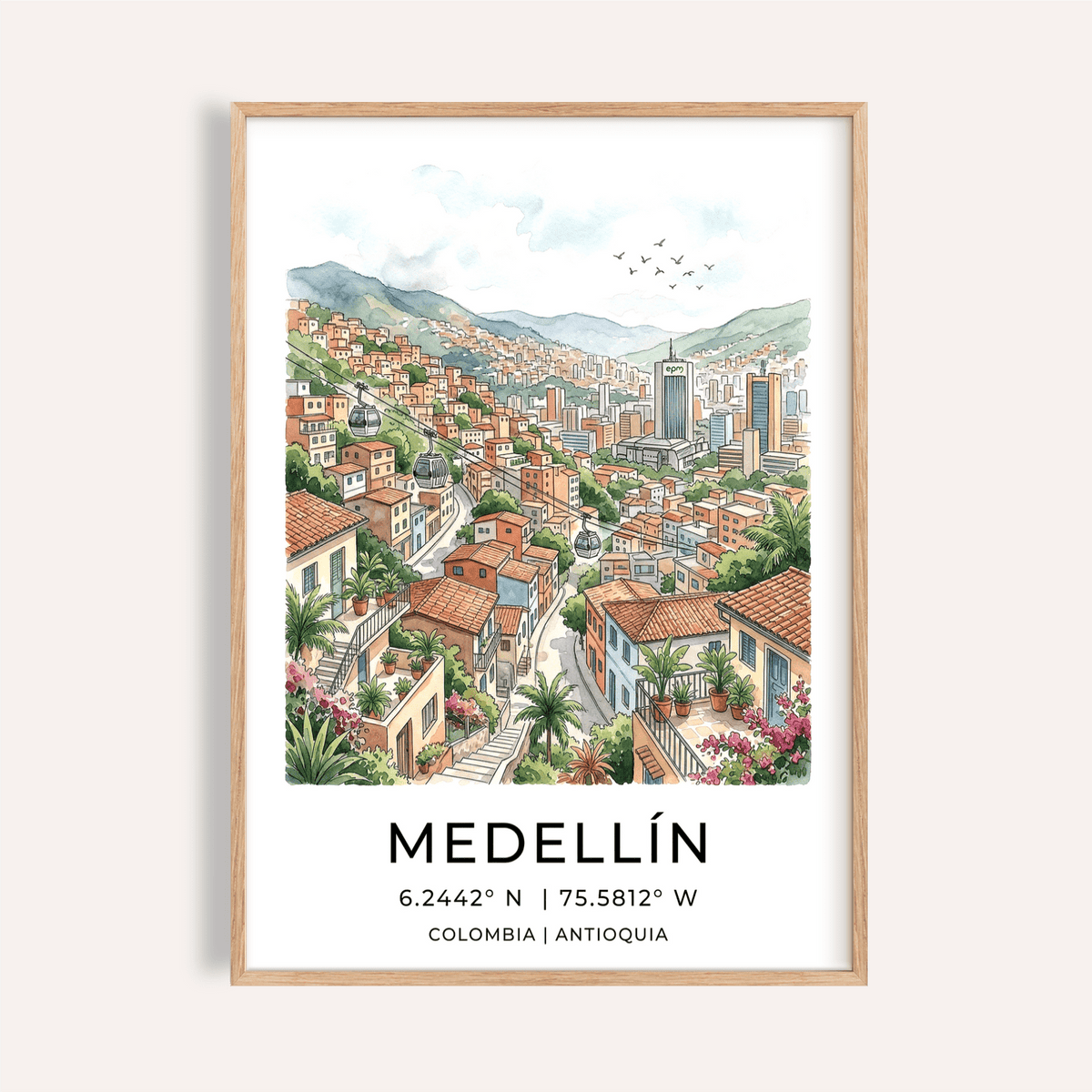 Framed Medellin City Art Print showing watercolour urban hillside with cable cars and birds