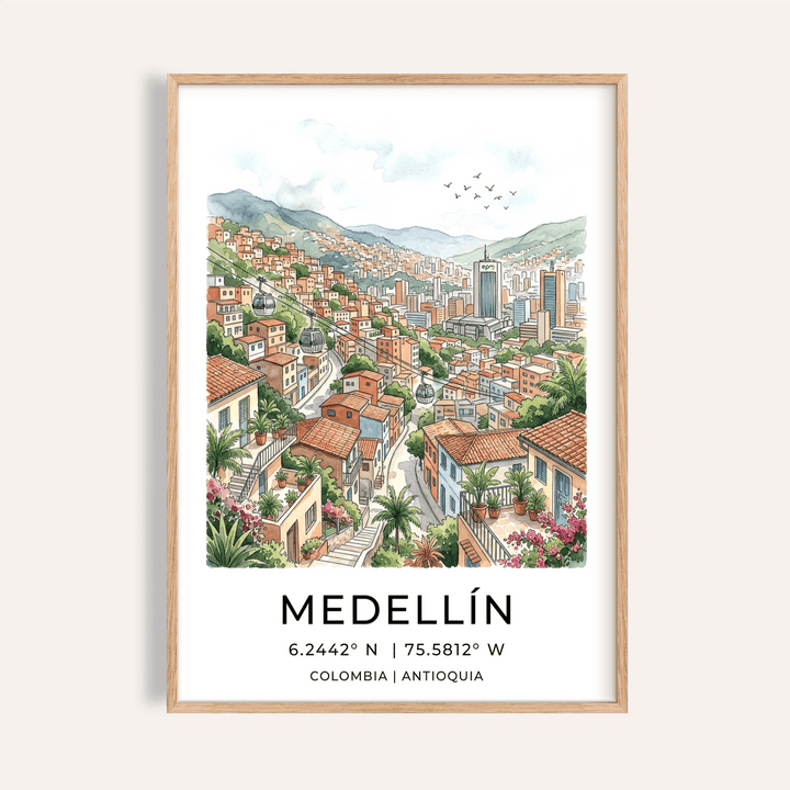 Framed Medellin City Art Print showing watercolour urban hillside with cable cars and birds