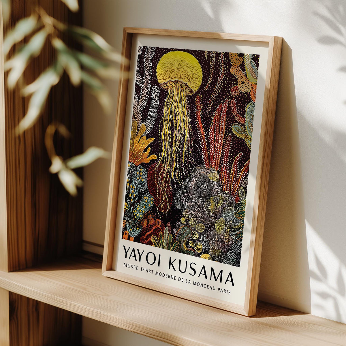 Jellyfish Poster leaning on a wooden shelf with yellow and red dots and coral shapes in natural light