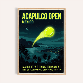 Framed close-up of Acapulco Open Tennis Art Print with a glowing yellow tennis ball and dark beach scene