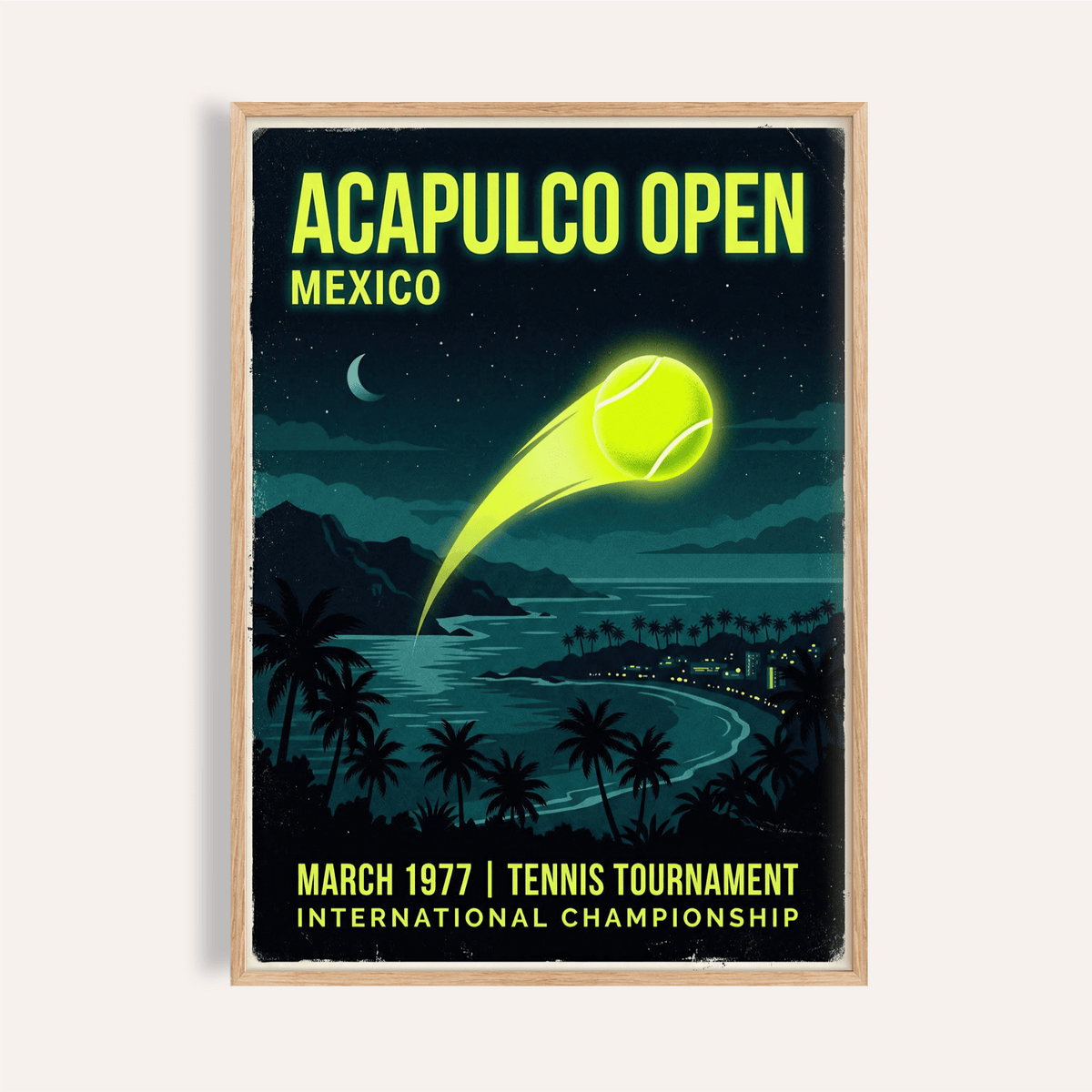 Framed close-up of Acapulco Open Tennis Art Print with a glowing yellow tennis ball and dark beach scene