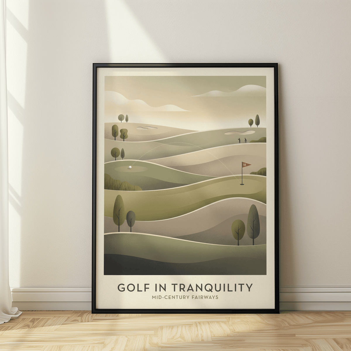 Mid-century Golf Art framed print leaning on a wooden floor in natural light with soft greens and beige tones