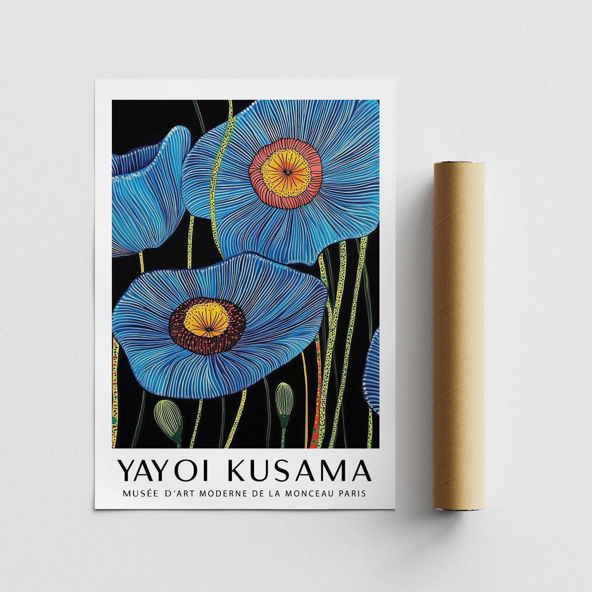 Big Flower Wall Art print leaning next to a packaging tube with blue poppy flowers