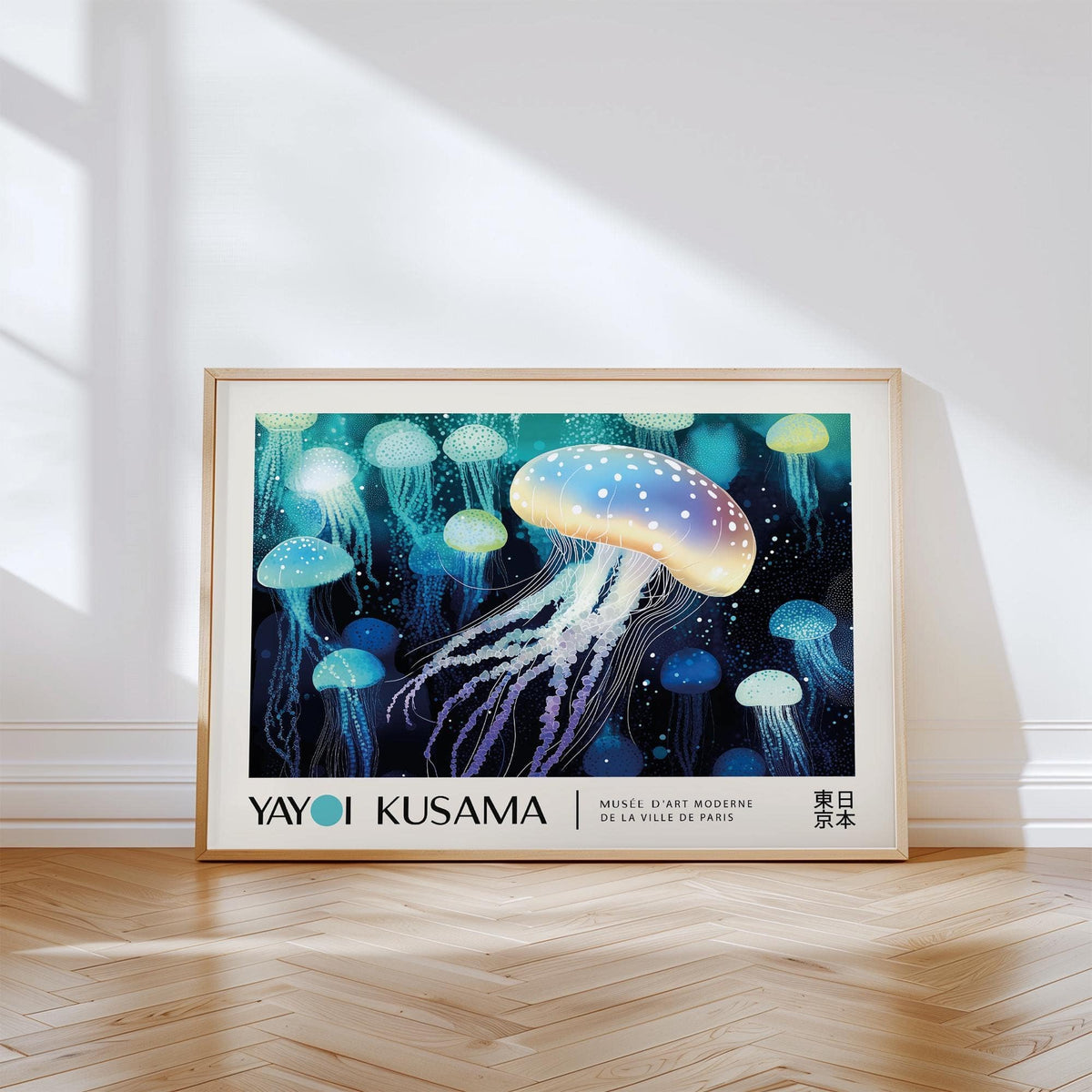 Jellyfish wall art print leaning on floor with light streaming through window