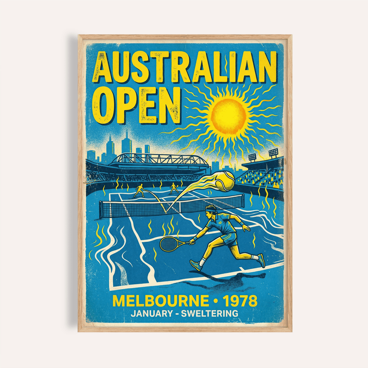 Melbourne Tennis wall art showing tennis players on court in blue and yellow retro style