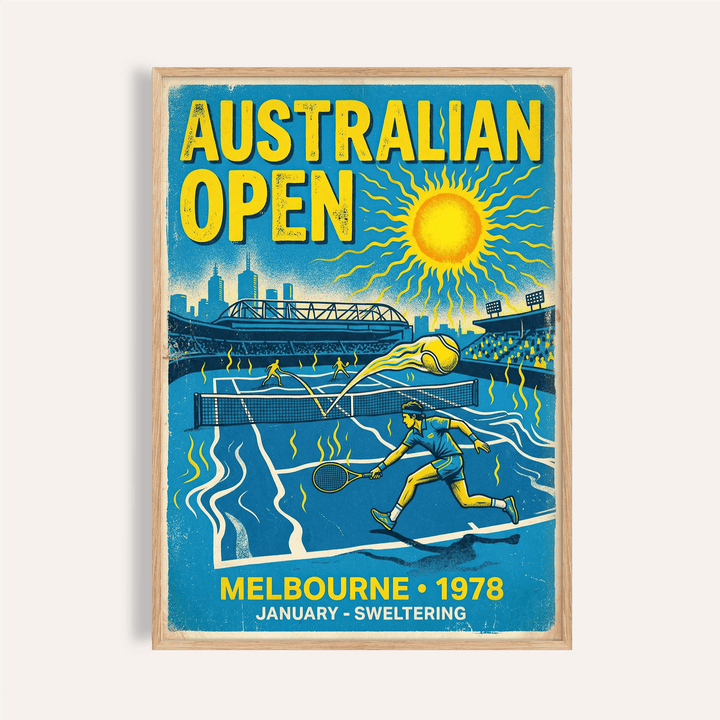 Melbourne Tennis wall art showing tennis players on court in blue and yellow retro style