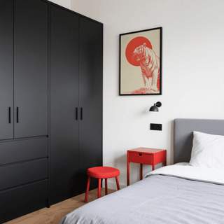 Bold Tiger wall art with a roaring tiger and red circle in a modern bedroom over a red stool