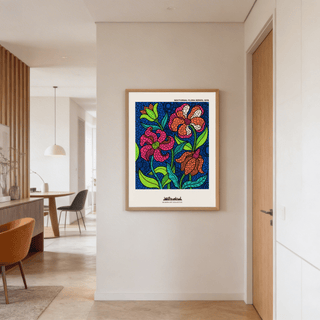Nocturnal Floral Art Print on a hallway wall featuring stylized colourful flowers with a blue background