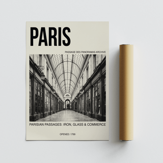 Parisian Passage Art Print rolled beside a brown packaging tube on a grey surface