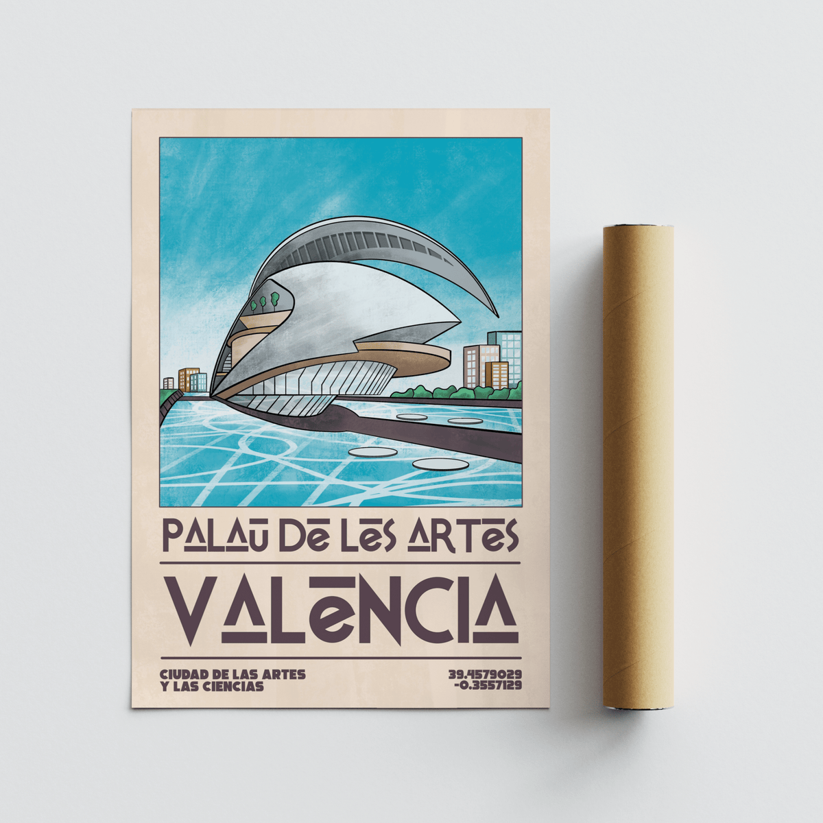 Rolled print showing Valencia Architecture Print with Palau de les Arts illustration and typographic design