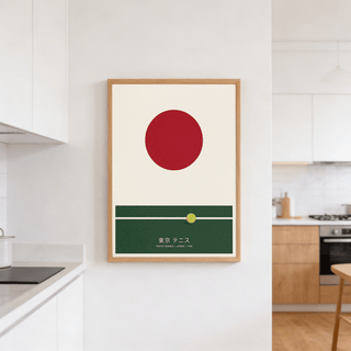 Print on wall of Japanese Tennis Art Print with red circle and tennis ball in green court in kitchen