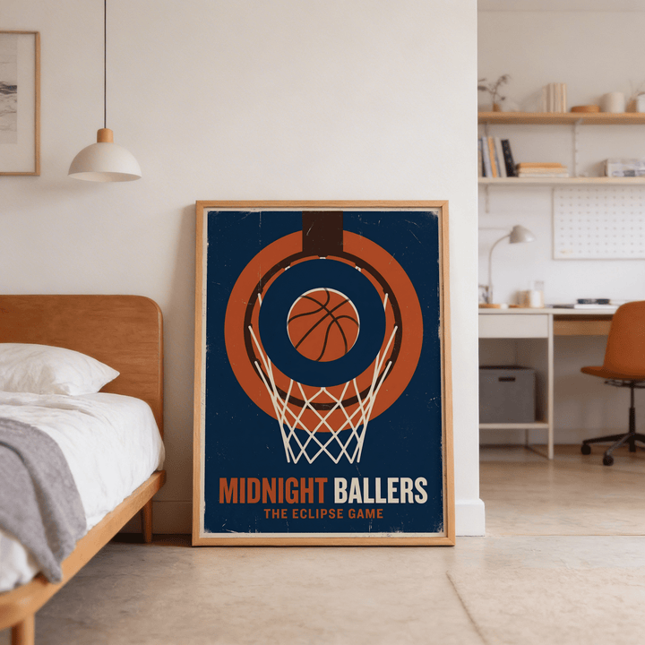 Basketball Game wall art leaning against a wall with a wooden bed frame in a bright bedroom