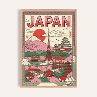 Framed Japan wall art with Mount Fuji and Tokyo Tower in Japanese-ink style