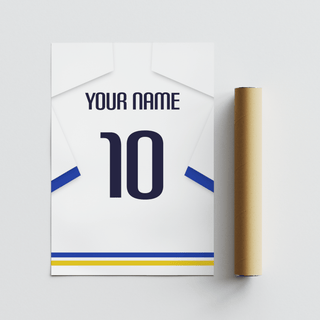 Custom football shirt print white with blue sleeves and black number alongside packaging tube