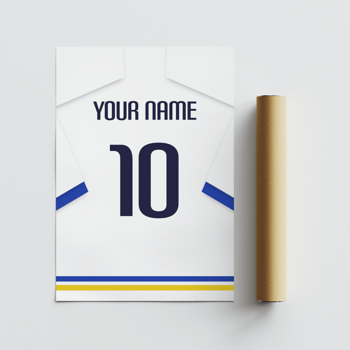Custom football shirt print white with blue sleeves and black number alongside packaging tube