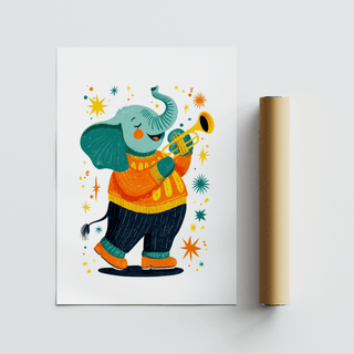 Musical Animal Poster with illustration of an elephant playing a trumpet in green, orange, and black beside a packaging tube