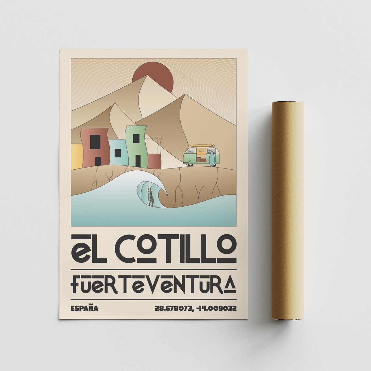 El Cotillo Surfing Poster print beside a brown packaging tube on a white surface