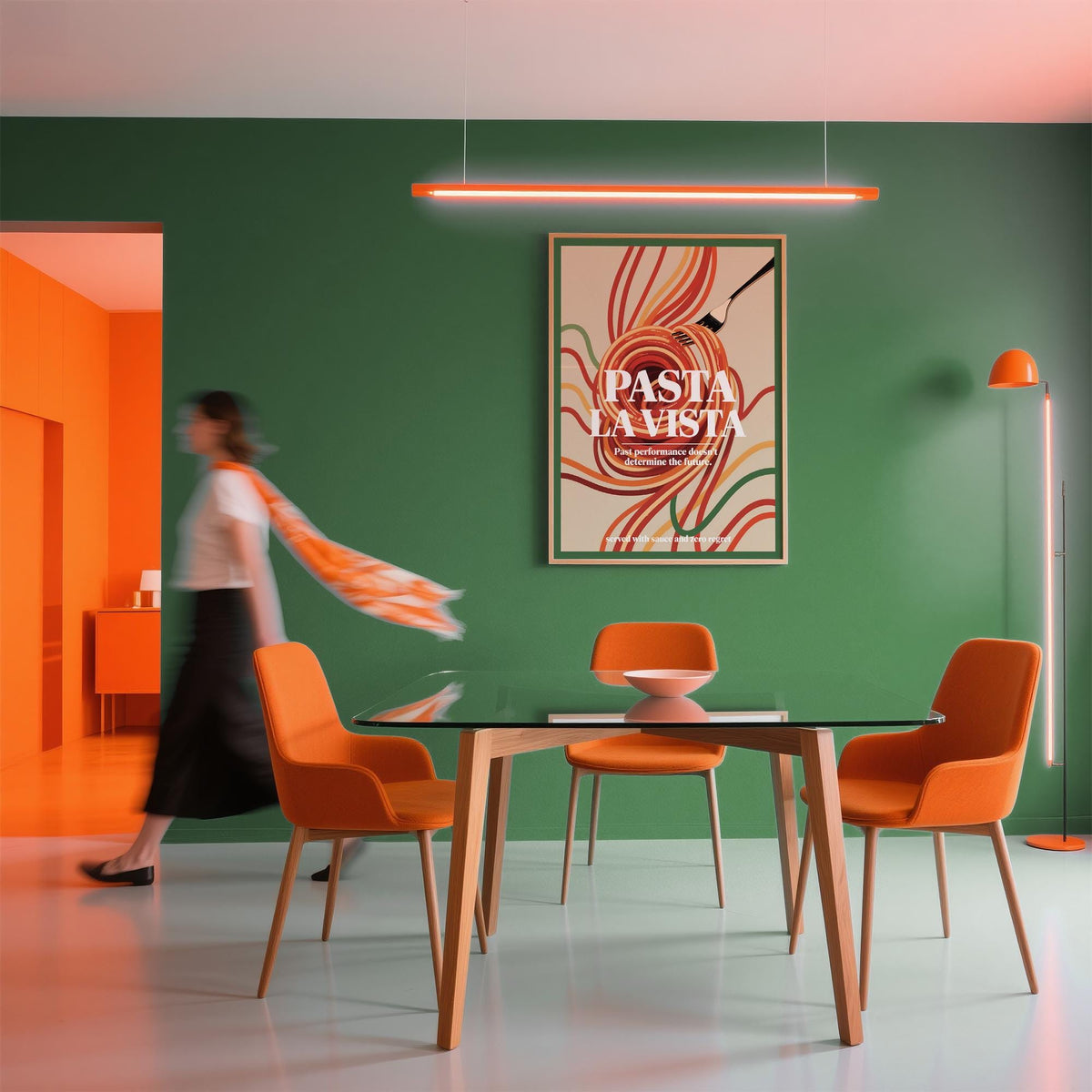 Dining Room Prints showing an illustration of spaghetti pasta with a fork on a green wall above an orange dining table