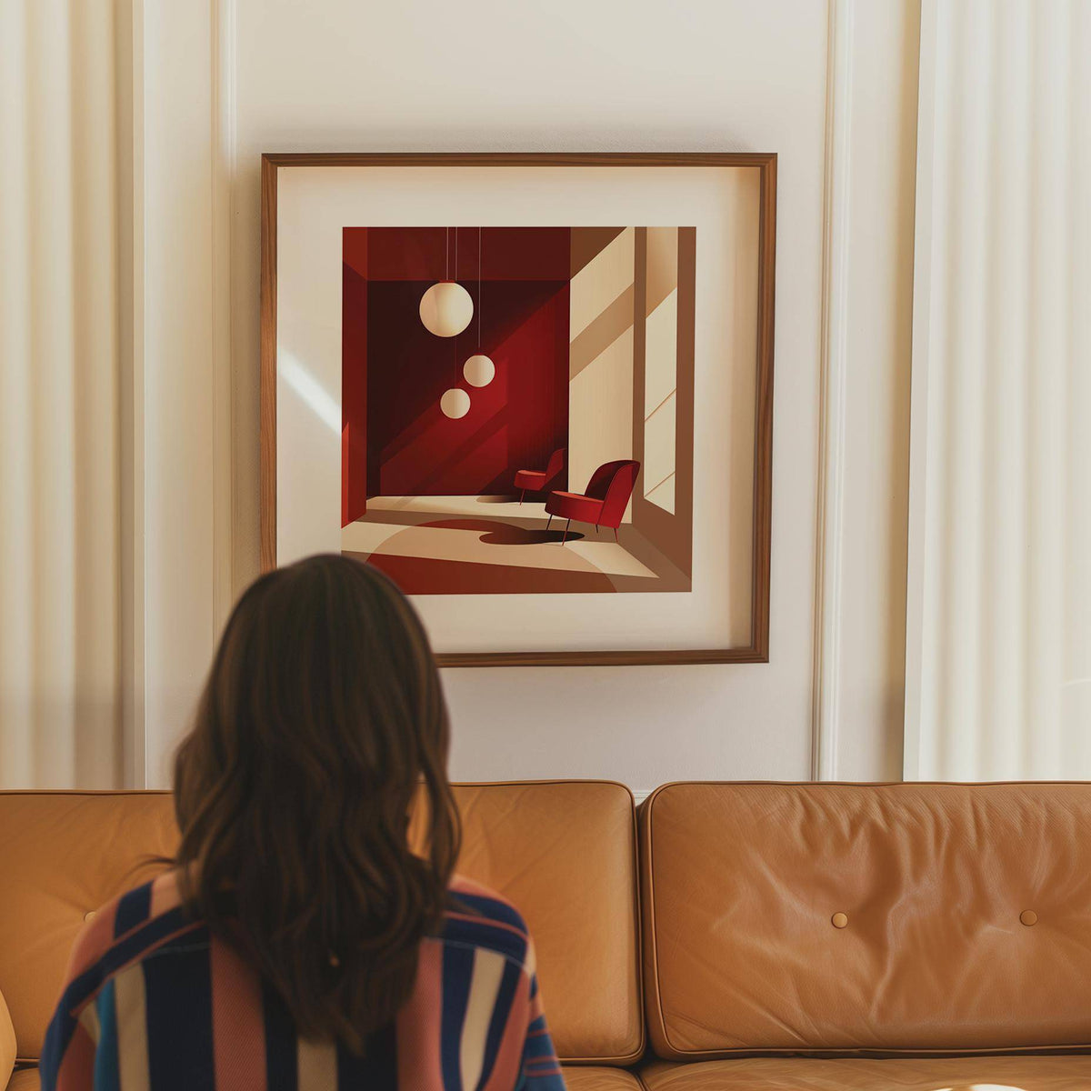 Architectural Interior Art framed print with red and beige minimalist interior above a brown leather sofa